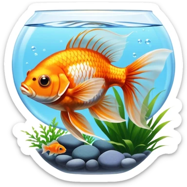 Large aquarium fish like veil tails and lionhead goldfish swimming gracefully in a beautifully decorated aquarium. Colorful aquatic plants, smooth rocks, and gentle bubbles surround the fish. The water shimmers in sunlight, creating a peaceful and vibrant underwater scene. Transparent background. sticker