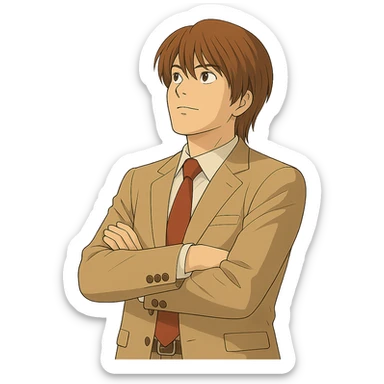 Make this exact Light Yagami in Ghibli style, standing with his arms crossed and looking upward, same suit, same confident expression. Match the face, hair, and suit details exactly to the reference. Transparent background. sticker