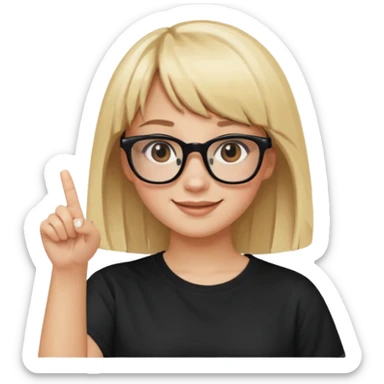 smiling girl with blonde hair, bangs, and brown eyes, wearing black square glasses and a white oversized T-shirt, pointing her finger up to the right, Apple emoji style sticker