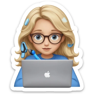 blonde girl with long dark blonde wavy hair, blue big eyes, pantos-style glasses, a brown sweater, sitting and looking in laptop, soft pastel, upper body shot sticker