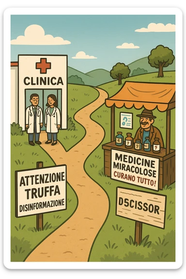 two paths diverge—one leads to a trustworthy clinic with doctors and scientific posters, the other to a shady stand selling “miracle” medicines with exaggerated claims. Signs along the second path warn of scams and misinformation. The scene encourages viewers to choose reliable, science-based healthcare. in italiano sticker