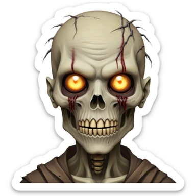 Cinematic Realistic WoW undead civilian Portrait, head tilted epicly and inquisitively, showcasing grim resilience and defiant strength. His withered, pallid skin and intense, glowing eyes contrast starkly with his worn, earth-toned clothes, rendered in meticulous detail. With dynamic, high-contrast lighting and high shine, this portrait exudes an epic aura, capturing the relentless will of a battle-hardened undead civilian. sticker