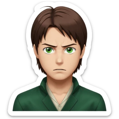 “Make him look like Eren Yeager S3 — long brown hair tied back, strong jawline, sharp green eyes, that cold, intense Eren vibe.” sticker