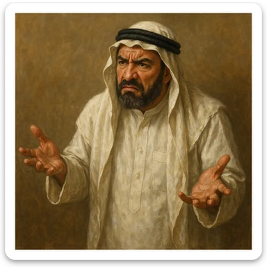 Сгенерируй араба в национальном  костюме, он чуть недоволен и размахивает руками, в стиле реалистичной живописи. . На однородном фоне sticker