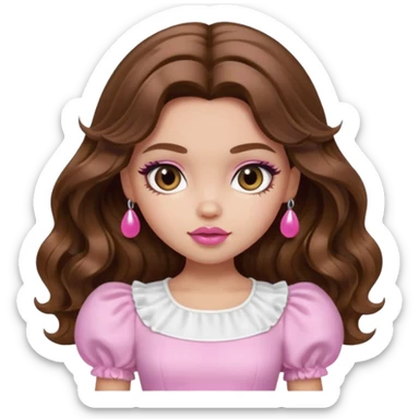 generate a pretty bratz girl with in a white puff sleeve top. Pink lipgloss. Brown wavy hair long.  sticker