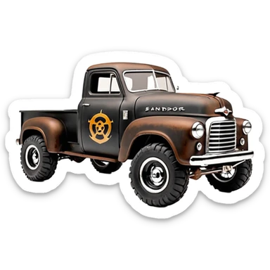 1:10 off-road lcg smoking rusting Basher style “Sandford and Son Salvage” 1954 blackened tarnished hotrod rat rod streamlined anime Studebaker zombie extended-cab rc bulging pickup (extra wide low-profile pin tires chrome wheels with fenders) sticker