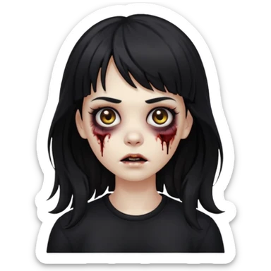 Zombie girl, with bangs above her eyebrows, her dark hair, thin eyebrows. Long hair and Wavy her clothes are black sticker