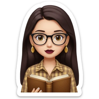 generate a pretty bratz girl with black small square spectacles, dark lipstick, gold stud earrings, a brown gingham shirt, books in hand, dark brown straight long hair, eyeliner on sticker