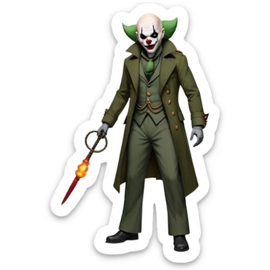 evil clown, bald, small black horns on forehead, fangs, pointed ears, eye patch over one eye, long coat over black and military green leisure suit with bellbottom pants, tail, holding an Indiana Jones-style whip, realistically proportioned, less bulky, full body, battle-ready, fighting posture sticker