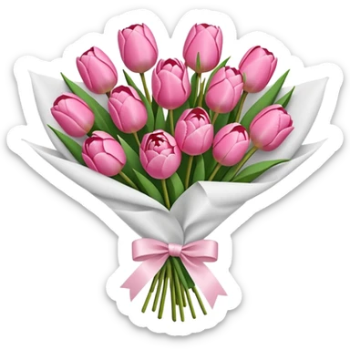 Bouquet of pink flower like tulips and rose and peony wrapped in white paper sticker