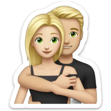 A couple of a girl with blonde hair and green eyes, and a man with black hair and black eyes, that are hugging sticker