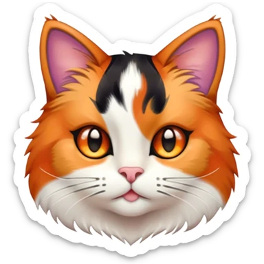 Cinematic Cute Calico Cat Portrait Emoji, Head tilted playfully with sparkling, inquisitive eyes and a charming patchwork fur of orange, black, and white, simplified yet irresistibly adorable, highly detailed, glowing with a warm, inviting glow, high shine, bubbly and affectionate, styled with a touch of whimsical feline charm, soft glowing outline, capturing the essence of a delightfully cute calico cat that looks as if it could prance off the screen into your heart! sticker
