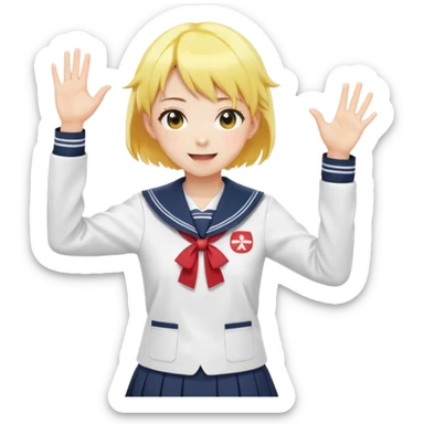 Anime girl with short bright yellow hair wearing Japanese sailor style school uniform, composed posture with hand on hip but energetically waving with other hand, excited smile and happy eyes sticker