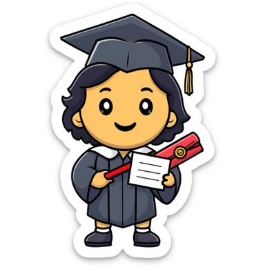 happy olive-skinned graduate with long wavy black hair wearing graduation cap and holding diploma sticker