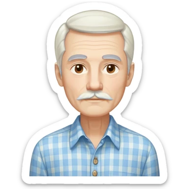 Skinny man in his 70s with fair skin. Long narrow face. Gentle light brown eyes. Long, flowing straight white hair reaching past shoulders, with light bangs. Thin eyebrows. White goatee connected to mustache. Slender appearance. Wearing a light blue and beige checkered button-up shirt. sticker