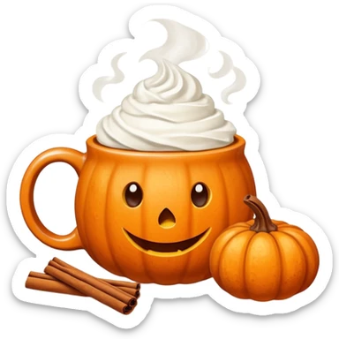 Steaming coffee Mug with whipped Cream and cinnamon Dust on Cream.  Small Punkin and 3 sticks of cinnamon next to mug sticker