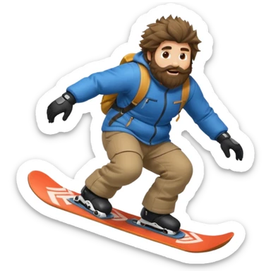 big round super harry guy snowbording down mountain haryyer more hair on his bcak and face sticker