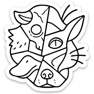 a red fragmented collage of different creature face parts with clear dividing lines between pieces: stoat fur section, minotaur skull section with horn, frog eye section, elf ear section, moth antenna section, cat whisker section, platypus bill section, and capybara nose section, arranged irregularly like a cubist painting with deliberate line splits, weathered appearance sticker