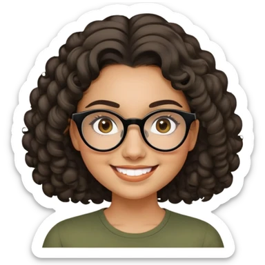 Young Latina woman with light tan skin. Round friendly face with dimples when smiling. Dark brown eyes behind black-framed glasses. Thick arched eyebrows. Shoulder-length curly voluminous hair. Big smile. Wearing an olive green top. sticker