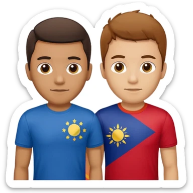 2 male Best buds , one in showing Philipines flag tshirt, one is showing Spanish flag in tshirt sticker
