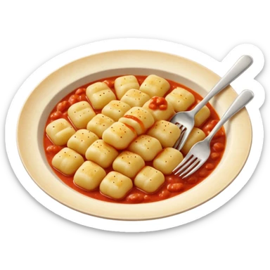 Gnocchi Cinematic Realistic Gnocchi Dish Emoji, depicted as tender oblong potato gnocchi garnished with iconic fork marks on top, rendered with soft textures and warm, inviting lighting. add red sauce sticker