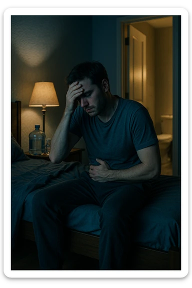 A cinematic scene of a man in his 30s sitting on the edge of his bed at night, clearly tired and frustrated. On his nightstand are several empty water bottles and a large reusable water jug, suggesting excessive hydration. A dim lamp casts soft shadows in the room, and the door to the bathroom is open with light spilling out — symbolizing repeated nightly visits. The man holds his head in one hand, while the other rests on his abdomen, eyes heavy with fatigue. The atmosphere is quiet and introspective. Cool color grading with deep blues and pale yellows enhances the nighttime mood. Style: 35mm cinematic realism, with attention to emotional detail and ambient lighting sticker