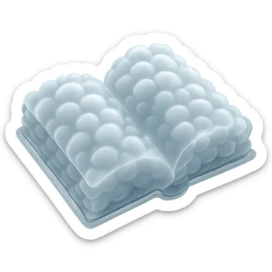 top view of a thick open book made entirely of small, very bright white fluffy convex clouds, matte glass style, emphasis on volume and airiness, no background sticker