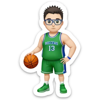Full Body overweight white male with dark short spike hair basketball player wearing glasses wearing blue green uniform sticker