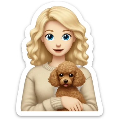 Pretty blue eyed white girl with blonde hair in a beige sweater holding a brown sweet toy poodle sticker