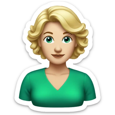 blonde hair 50 year old woman, should length hair, blue eyes, green dress sticker