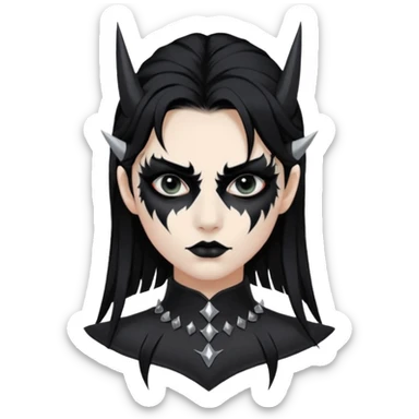 Crea una ragazza con stile black metal,  paint face black metal, capelli neri mossi dalle spalle e occhi bianchi e un collare con borchie a punta sticker
