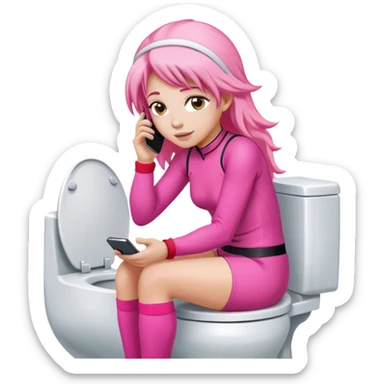Long Pink haired female Jockey sat on the toilet with her mobile phone  sticker