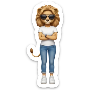 friendly anthropomorphised female lion character, full body, standing confidently with legs shoulder width apart and arms folded, wearing jeans, a white t-shirt, dark sunglasses, and trainers, with a confident smile sticker