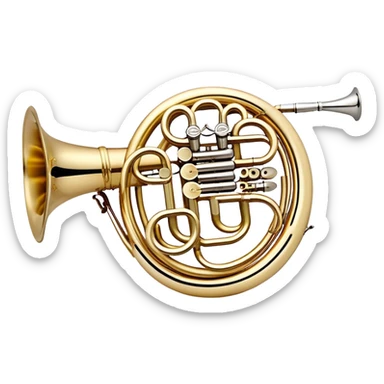 Create a refined and elegant emoji representing the Arnolds & Sons AHR-350 horn. The design should feature the instrument's beautifully coiled brass body with its distinct flared bell, showcasing the high-quality craftsmanship. Include delicate details like the tuning valves, finger buttons, and elegant brass finish. Add subtle musical notes around the horn to symbolize its melodic sound. Use warm golden and brass tones to convey the luxury and professional quality of the instrument. The background should be transparent sticker