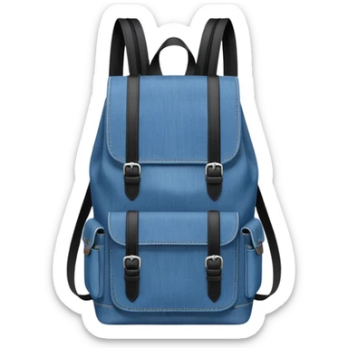 a blue denim backpack with a flap top, two vertical *black buckle straps* on the front, only at the top. The backpack has two side pockets and a soft square shape. 

 sticker