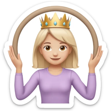 Cute emoji sticker of a girl holding a Pilates ring (magic circle) with both hands, squeezing it. She is smiling, wearing a tiny crown and beige activewear. Pastel accents, kawaii style, clean white outline, transparent background. sticker