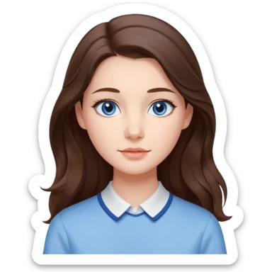 Realistic Student Portrait, with porcelain-like skin featuring a natural rosy flush, iHer Brunette Half-Up Style for Straight  hair flows in soft, Her deep blue eyes radiate warmth and innocence,  wear light blue preppy style. sticker