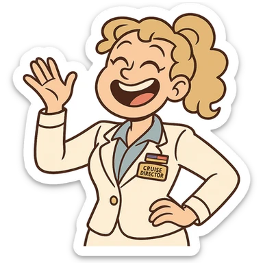 girl cruise director with curly dirty blonde hair in a ponytail, very happy sticker