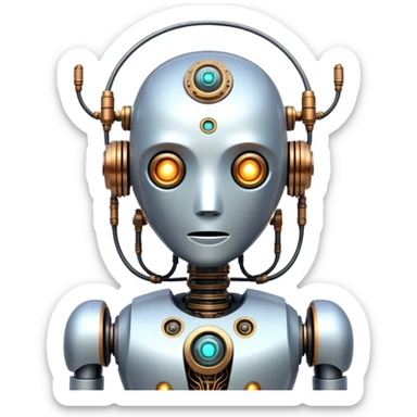 A quirky AI robot with an artistic twist, looking slightly surreal, with a combination of organic and mechanical elements, emitting glowing data streams, inspired by sci-fi and steampunk aesthetics. sticker