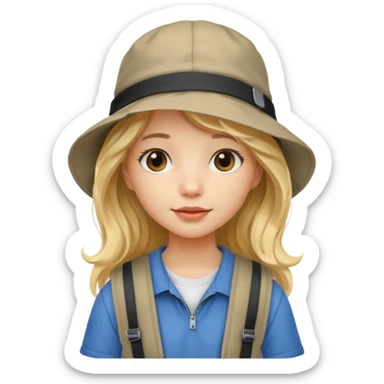a young student girl with the backpack with bucket hat, blonde wavy long hair sticker