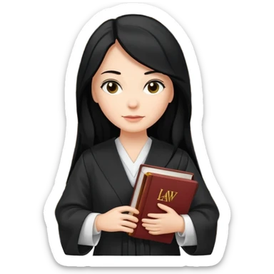 white-women-with-long-black -hair-lawyer-in-lawyer’s-robe. Have law book in hand with bookshelf full of law books in the background sticker