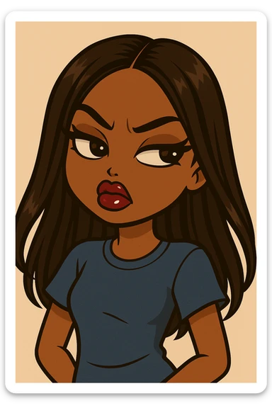 Change the expression to angry with a snooty attitude, keep the side-eye pose, headshot only, 20-year-old anime Bratz style woman with dark skin, straight hair, more casual outfit, big expressive eyes, glossy lips, no hat, no tears, nose turned up. sticker