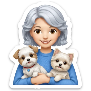 silver, short, wavy-haired with loose curls, smiling pretty lady holding a white west highland terrier dog and a white and tan shih tzu dog sticker