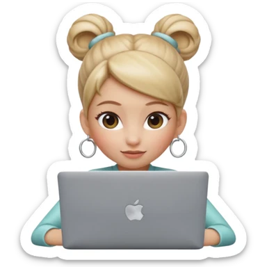 3D Apple Memoji–style emoji, female character with high bun and hoop earrings, peeking over a silver laptop, soft lighting, smooth plastic texture, transparent PNG, 4K. sticker
