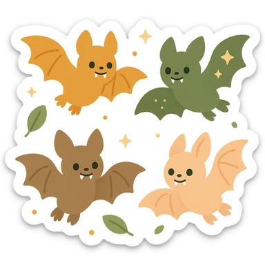 A group of cute, flying bats with a soft and magical aesthetic, illustrated in a warm color palette: golden orange (FA9B41), deep forest green (4A7C5C), muted taupe brown (96775A), and pastel peach (FFCC9A). Each bat has round, friendly eyes, small fangs, and gentle wing shapes with whimsical patterns or tiny stars. Their fur and wings are colored in soft combinations of the given tones, giving them a cozy, storybook-like charm. They fly playfully through a softly glowing night sky with sparkles or floating leaves, creating a dreamy, enchanting atmosphere. The mood is cute, calm, and a little magical sticker