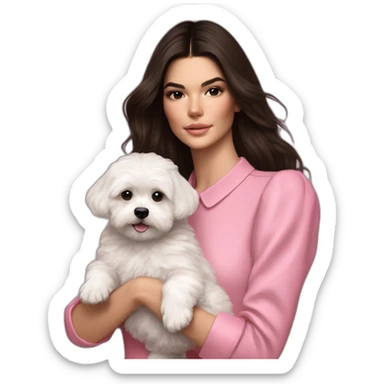 brunette Kendall Jenner with long hair holding on the hands white maltipoo wearing pink collar sticker