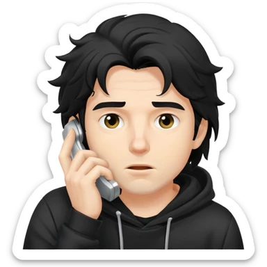 a white man with black messy, hoodie taking a call sticker