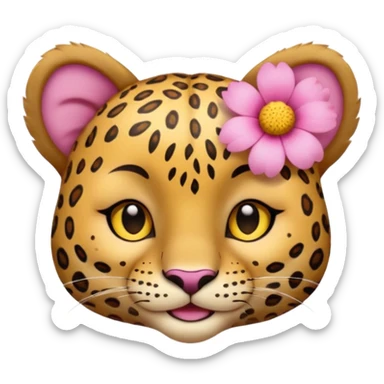 A cutE leopard face with EYES CLOSED and a peaceful smile. A pink flower with a yellow center is tucked behind its right ear sticker