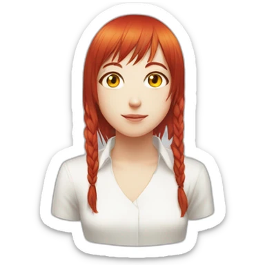 (gril) makima from the manga chainsawman with red hair fringe, yellow eyes with a circle inside and a white shirt sticker
