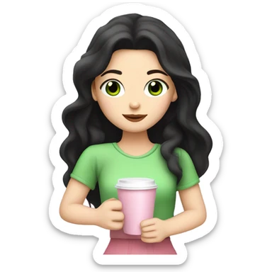 girl with pale skin, very long black hair and green eyes and light pink outfit drinking a pink latte sticker